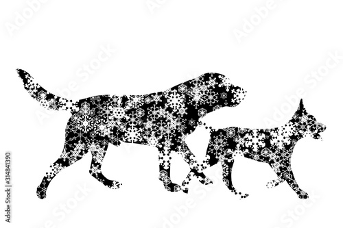 Vector silhouette of snowy dog on white background. Symbol of pet friends in winter with snowflakes.