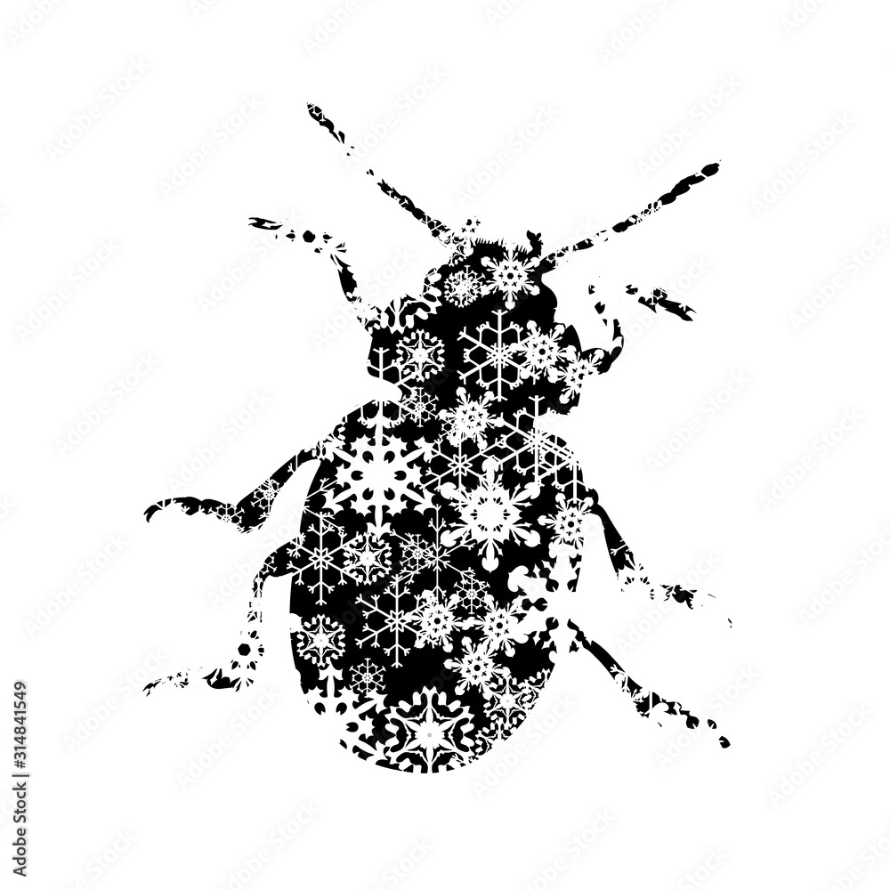 Obraz premium Vector silhouette of snowy beetle on white background. Symbol of insect in winter with snowflakes.