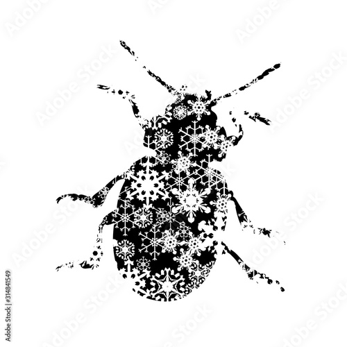 Vector silhouette of snowy beetle on white background. Symbol of insect in winter with snowflakes.