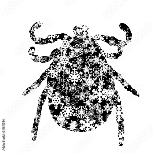 Vector silhouette of snowy thick on white background. Symbol of insect in winter with snowflakes.