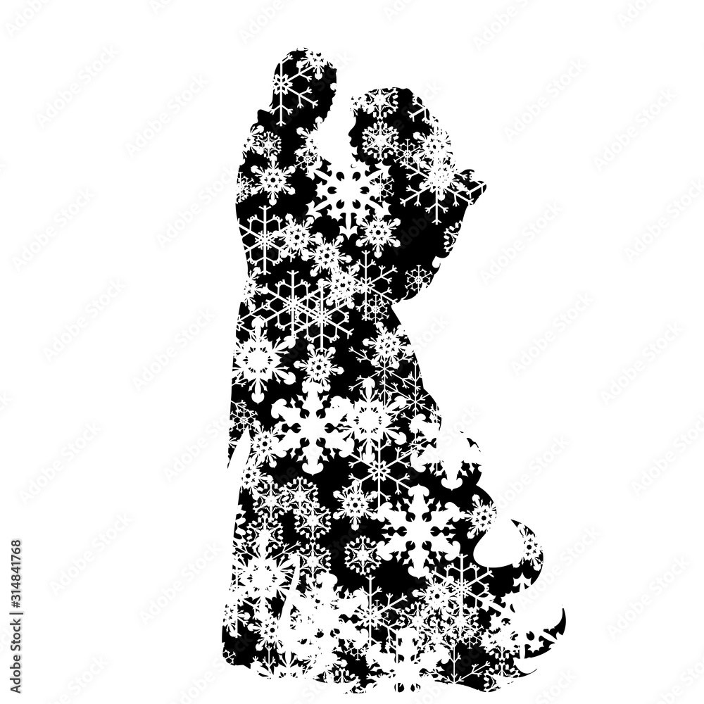 Vector silhouette of snowy couple on white background. Symbol of bride and groom on weeding in winter with snowflakes.