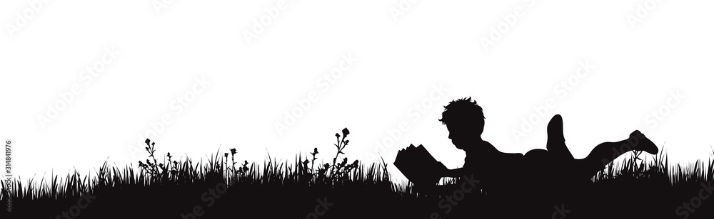 Vector silhouette of boy who read book on the garden on white background. Symbol of boy rest in the garss. - obrazy, fototapety, plakaty 