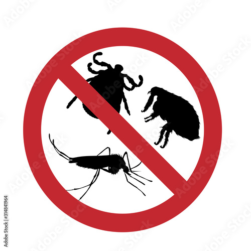 Vector silhouette no mosquito, thick, flea mark on white background. Symbol of stop malaria an other disease.