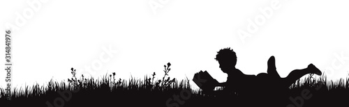 Vector silhouette of boy who read book on the garden on white background. Symbol of boy rest in the garss.