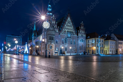 The historic capital of Lower Silesia, the city of Wroclaw on January night.