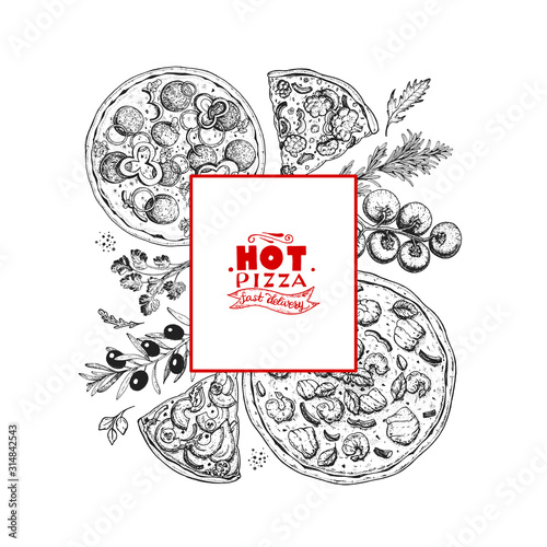 Italian pizza and ingredients top view frame. Italian food menu design template. Vintage hand drawn sketch, vector illustration. Engraved style illustration. Pizza label for menu.