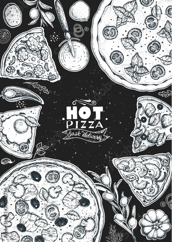Fototapeta Widok z góry włoska pizza i składniki. Szablon projektu menu włoskie jedzenie. Vintage ręcznie rysowane ilustracji wektorowych. Ilustracja stylu grawerowanego. Etykieta pizzy dla menu.