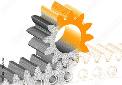 Gear and cogwheel 3D solid finite element mesh in white backround