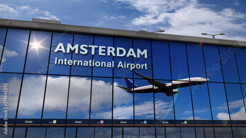Airplane landing at Amsterdam mirrored in terminal