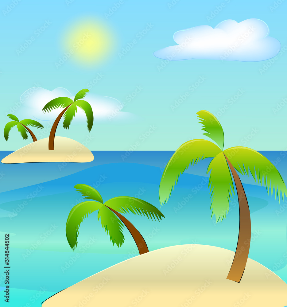 Vector cartoon illustration of tropical islands, sea and clouds. Palms on islands in sea