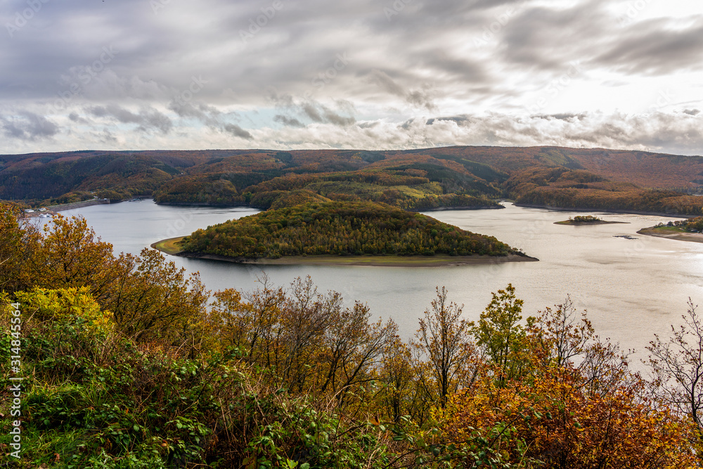 Panoramic view on Rur lake in the Eifel National Park, Germany