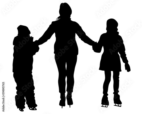 Children and adults ice skate. Isolated silhouettes of people on a white background