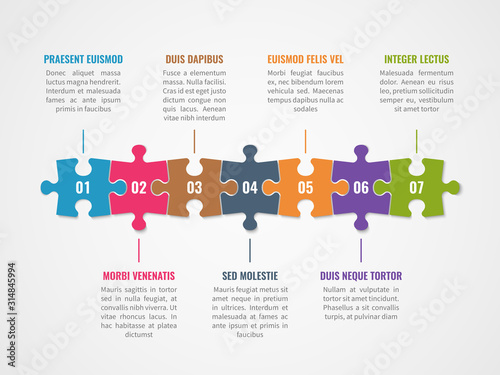 Puzzle timeline. Infographic with options, diagram with sections of connected puzzles for presentations and finance reports vector template