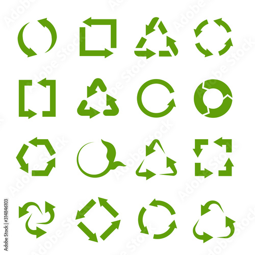 Recycling icons. Various green circle arrow symbols. Waste reuse recycle, garbage and biodegradable trash, ecology protection vector signs
