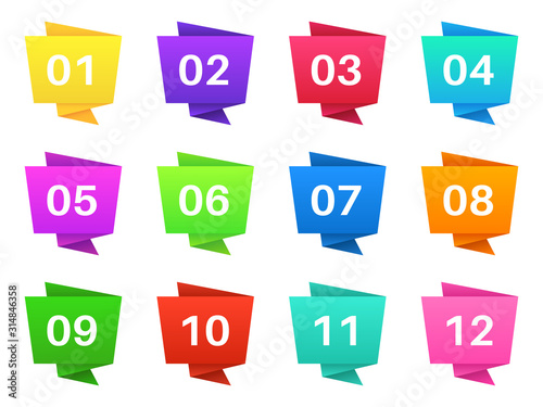 Number bullet points. Colourful steps with numbers, pointing text bullets of simple shape. Modern interface elements vector set