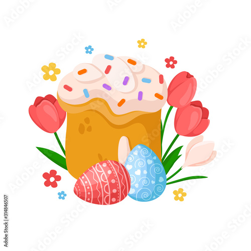 Cartoon Easter Day - sweet easter cake, spring flowers tulip, narcissus, daffodil, eggs, floral holiday bouquet, isolated on white, ideal for cute greeting postcards, prints, posters - vector