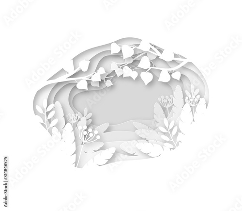 Paper spring background. White grass, leaves and tree branches cutting from layers paper. Origami wedding vector decoration greeting card