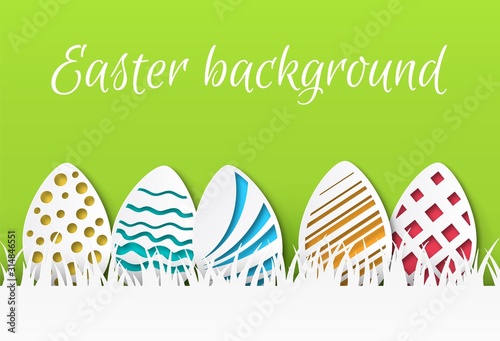 Easter paper cut. Colorful easter eggs with papercut pattern, greeting card template, celebration event flyer. Vector background