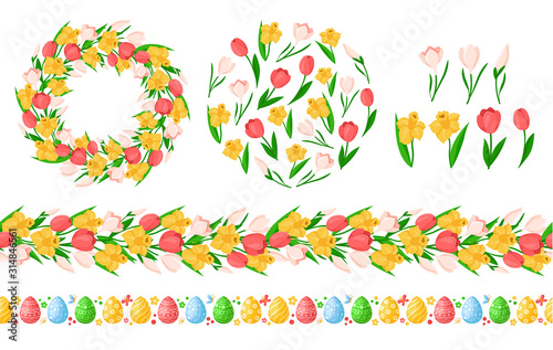 Easter Day seamless borders with easter eggs, spring flowers - yellow daffodil, pink tulip, snowdrop, wreath or round frame, endless bordure and isolated floral items - vector set for holiday design