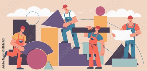 Building construction concept. Professional builders work with on project with geometric shapes. Abstract industrial vector background