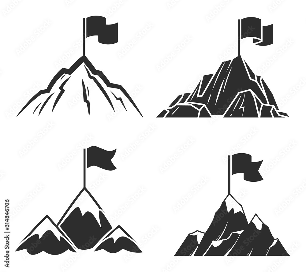 Mountains with flag. Symbol of success business or career and leadership, possibility line to target vector icons - obrazy, fototapety, plakaty 