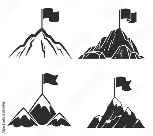 Mountains with flag. Symbol of success business or career and leadership, possibility line to target vector icons