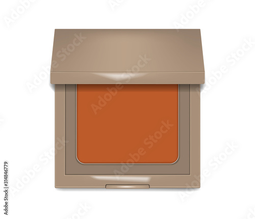 Makeup product packaging. Make-up powder, foundation, corrector or blush. Open square cosmetic case top view, realistic vector illustration