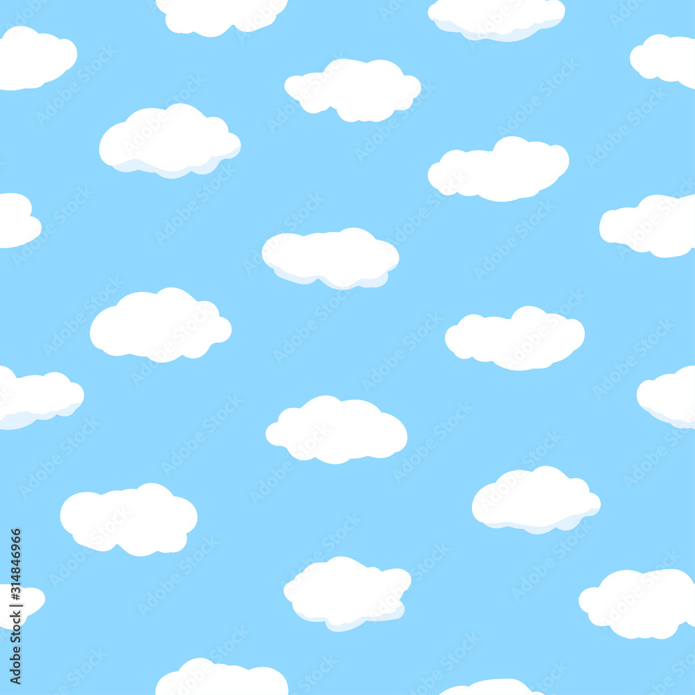 White clouds on bright blue background. Seamless cartoon  environment pattern.