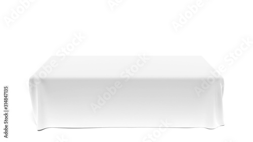 White empty cloth table isolated on white background, studio image closeup. Blank tablecloth mockup stand display for conference, show, brand events presentation. Three-dimentional blank surface. photo