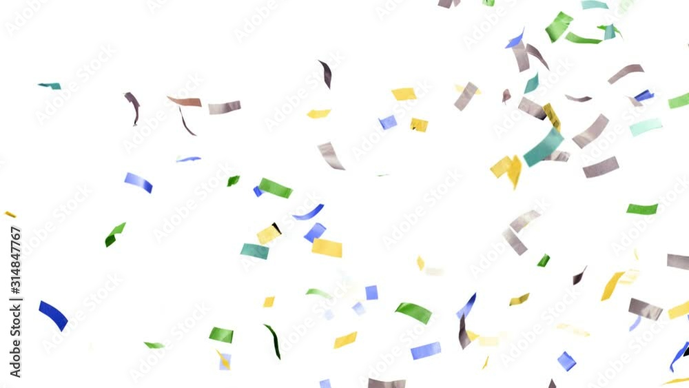 Super slow motion of flying coloured confetti isolated on white background. Filmed on high speed cinema camera.