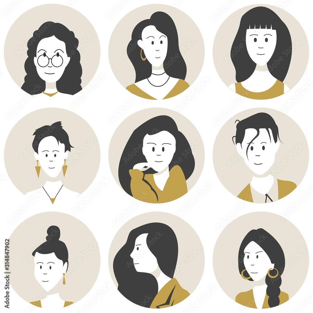 Set of people faces icons, female characters in a flat style. Cartoon cute avatars. Set of people faces icons, female characters in a flat style. Cartoon cute avatars.