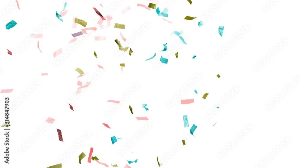 Super slow motion of flying coloured confetti isolated on white background. Filmed on high speed cinema camera.