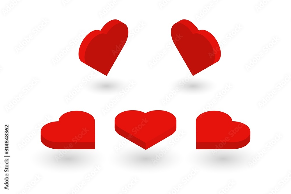 Isometric red hearts set. Love symbol collection isolated on white background. Set of heart icons presented at different angles. Isometric red hearts set. Love symbol collection isolated on white background. Set of heart icons presented at different angles.