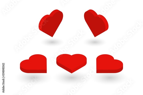 Isometric red hearts set. Love symbol collection isolated on white background. Set of heart icons presented at different angles.