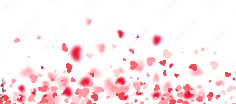 Valentines day card. Heart confetti falling over white background for greeting cards, wedding invitation.