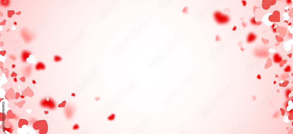 Valentines day card. Heart confetti falling over pink background for greeting cards, wedding invitation.