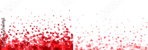 Valentines day banners. Heart confetti falling over white background for gree...