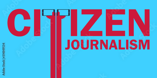 Citizen journalism concept illustration. The letter T made from two raised hands holding smartphones.