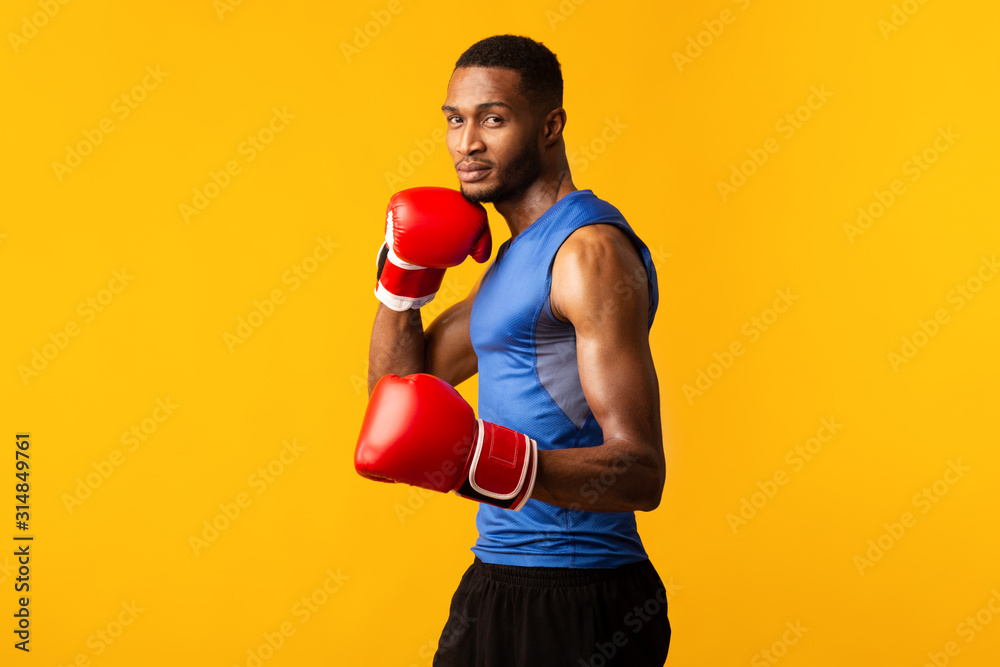 Handsome black fighter demonstrating classical boxing stance