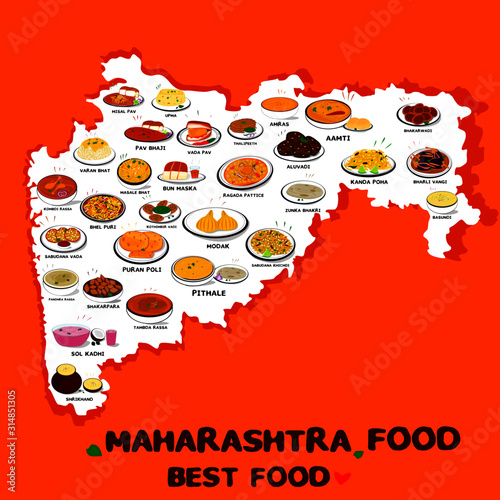 Maharashtra Map In Marathi Vettoriale Stock Maharashtra Food Or Marathi Food Vector In Maharashtra Map  | Adobe Stock