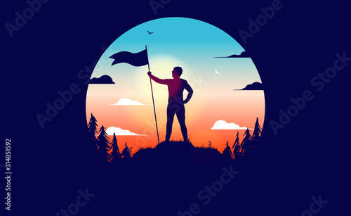 Motivated winner - Man on mountain top with raised flag. Standing proud and planting a flag on hill top, Reached  personal goals, victory concept. Flat circular vector illustration.