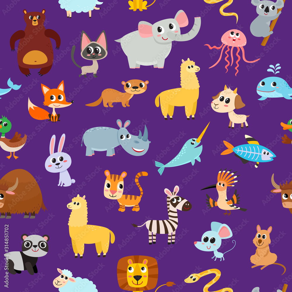 Cute cartoon animals alphabet pattern isolated on violet. Cute cartoon animals alphabet pattern isolated on violet.