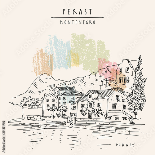 Perast waterfront, Montenegro, Balkans. Houses, water, mountains. Line art travel sketch. Hand drawn artistic postcard, poster template illustration background