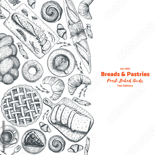 Bakery background. Bakery top view frame. Hand drawn sketch with bread, pastry, sweet. Bakery set vector illustration. Background design template . Engraved food image. Black and white package design.