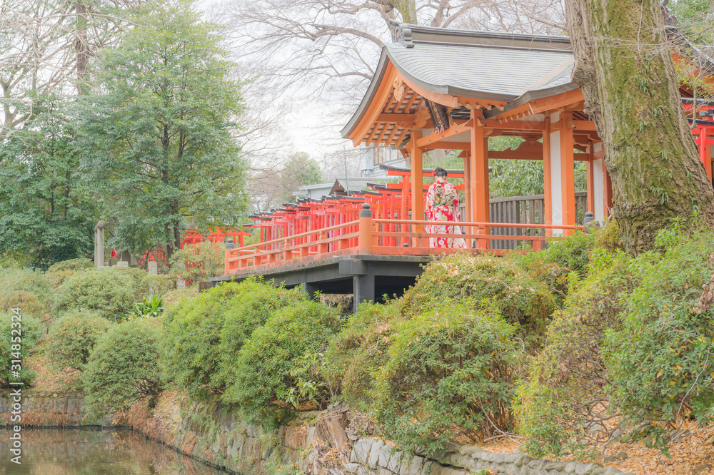 Fototapeta premium 東京都文京区根津にある神社の朱色の社殿
