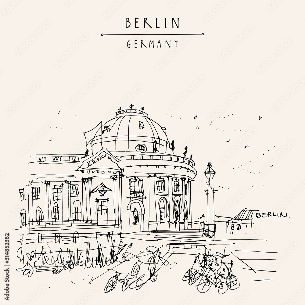 Berlin, Germany, Europe. Museum Island, river Spree, Bode Museum. Freehand drawing. Travel sketch. Vintage touristic postcard, poster, book illustration