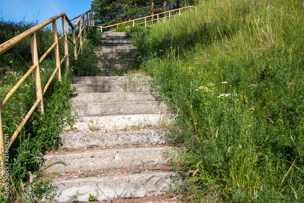a dilapidated old concrete staircase leading up on both sides of the grass grows