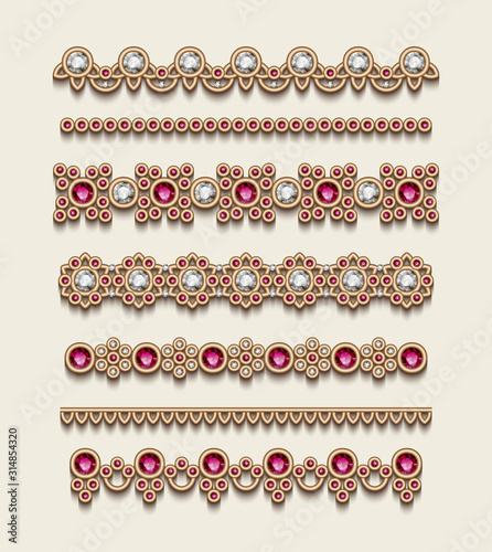 Vintage jewelry border lines, ornamental gold chains, collection of decorative jewellery patterns, design elements with diamonds and ruby gemstones, elegant decoration isolated on white background