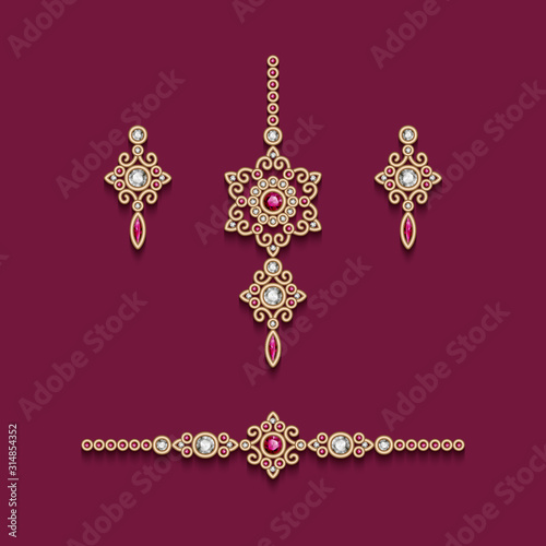 Vintage gold jewelry, earrings, forehead decoration and bracelet with diamonds and ruby gemstones, elegant jewellery collection, set of filigree women's decoration in Indian style