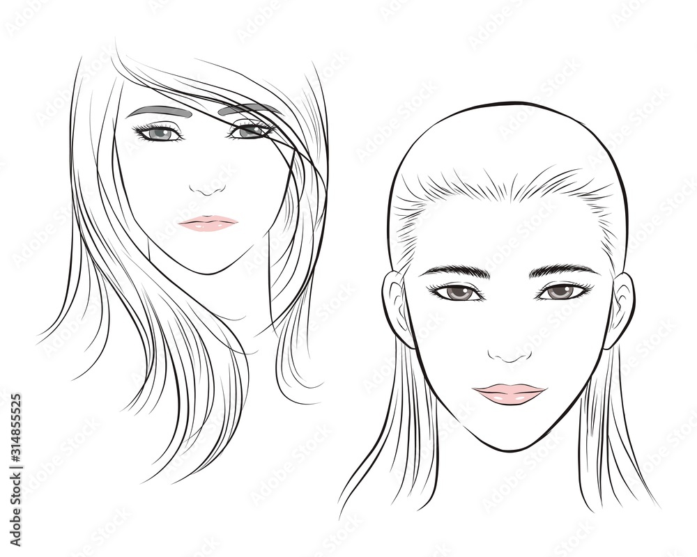 girl face, long hair portrait. isolated on white background. hand drawn vector illustration